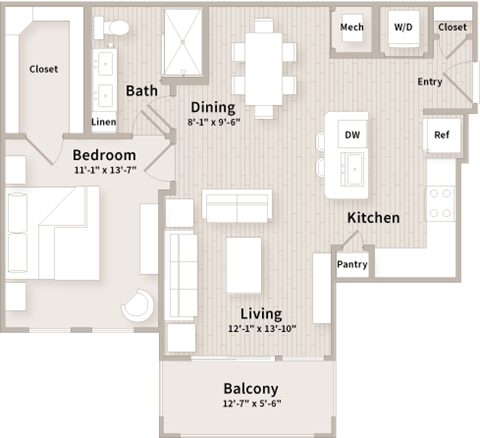 A2 floorplan which is a 1 bedroom, 1 bath apartment at The Parkway on Westlake, Texas, 77346